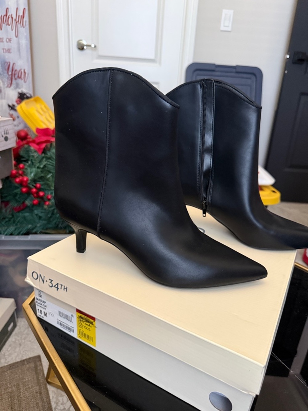 ON-34TH Black Leather Pointed Ankle Booties with Kitten Heel